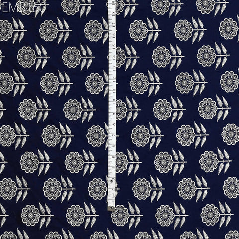 Floral Embroidered Cotton Fabric, Indian Sewing Fabric, Midnight Blue