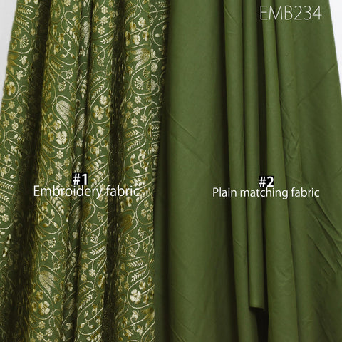 Green Embroidered Cotton Fabric by the Yard Indian Embroidery Sewing Fabric DIY Crafting Wedding Dress Costumes Doll Bag Home Decor Cushions