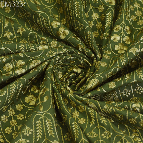 Green Embroidered Cotton Fabric by the Yard Indian Embroidery Sewing Fabric DIY Crafting Wedding Dress Costumes Doll Bag Home Decor Cushions