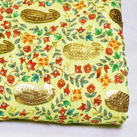 Lemon Sequin Embroidery Fabric Indian Saree Embroidered Fabric by the Yard Crafting Sewing Sequined Wedding Dress Costumes Doll Making