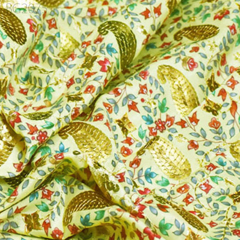 Lemon Sequin Embroidery Fabric Indian Saree Embroidered Fabric by the Yard Crafting Sewing Sequined Wedding Dress Costumes Doll Making