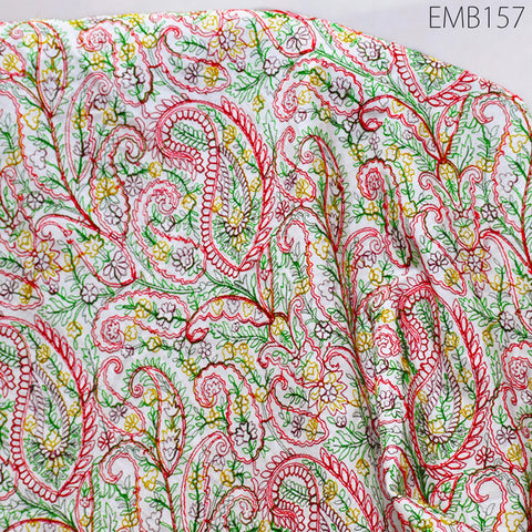 Paisley Embroidered Cotton Fabric by Yard Indian Embroidery Sewing DIY Crafting Women Summer Dresses Costumes Tote Bag Home Decor Curtains