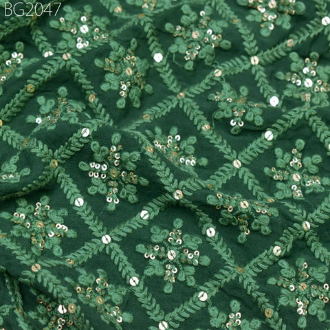 54'' Indian Green Georgette Sequined Embroidered Fabric by the Yard Wedding Dress Sequin Saree Crafting Sewing Costumes Chikankari fabric