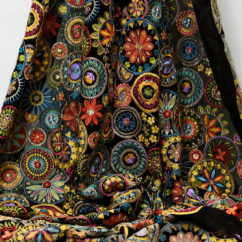 Multicolor Indian Embroidered Fabric by the Yard Georgette Embroidery Sewing Curtain DIY Crafting Women Dress Material Drapery Home Decor