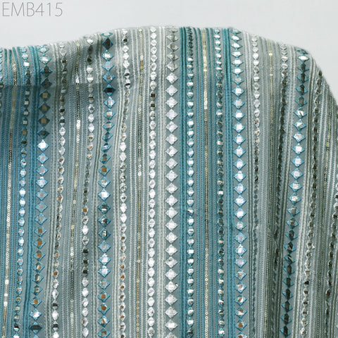 Blue Indian Embroidered Fabric by the Yard Georgette Embroidery Sewing Curtain DIY Crafting Summer Women Dress Material Drapery Home Decor