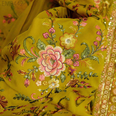 54'' Indian Embroidered Georgette Fabric by the Yard Embroidery Bridal Wedding Lehenga Women Dresses Material with Border Sewing Crafting