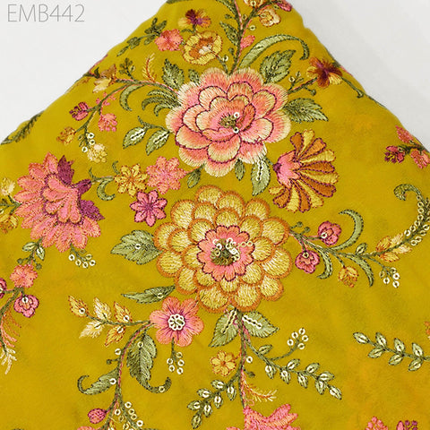 54'' Indian Embroidered Georgette Fabric by the Yard Embroidery Bridal Wedding Lehenga Women Dresses Material with Border Sewing Crafting