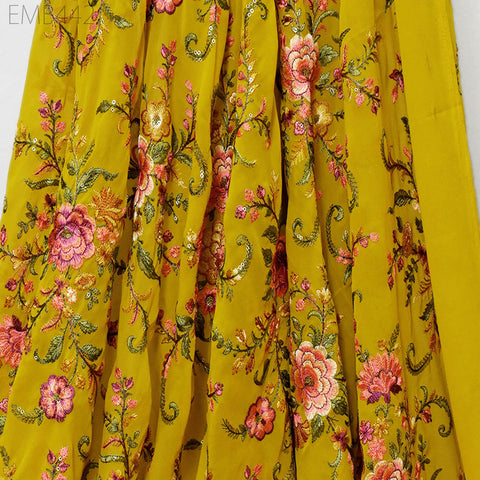 54'' Indian Embroidered Georgette Fabric by the Yard Embroidery Bridal Wedding Lehenga Women Dresses Material with Border Sewing Crafting