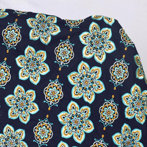 Navy Blue Embroidered Cotton Fabric by Yard Indian Embroidery Sewing DIY Crafting Women Summer Dresses Costumes Tote Bag Home Decor Curtains