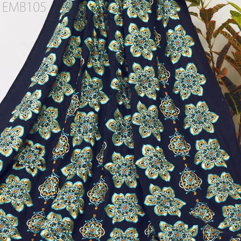 Navy Blue Embroidered Cotton Fabric by Yard Indian Embroidery Sewing DIY Crafting Women Summer Dresses Costumes Tote Bag Home Decor Curtains