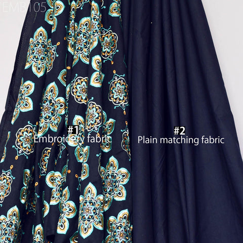 Navy Blue Embroidered Cotton Fabric by Yard Indian Embroidery Sewing DIY Crafting Women Summer Dresses Costumes Tote Bag Home Decor Curtains