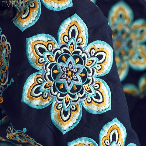Navy Blue Embroidered Cotton Fabric by Yard Indian Embroidery Sewing DIY Crafting Women Summer Dresses Costumes Tote Bag Home Decor Curtains