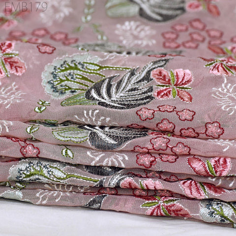 Dusty Pink Indian Embroidered Fabric by Yard Georgette Embroidery Sewing Curtain DIY Crafting Summer Women Dress Material Drapery Home Decor