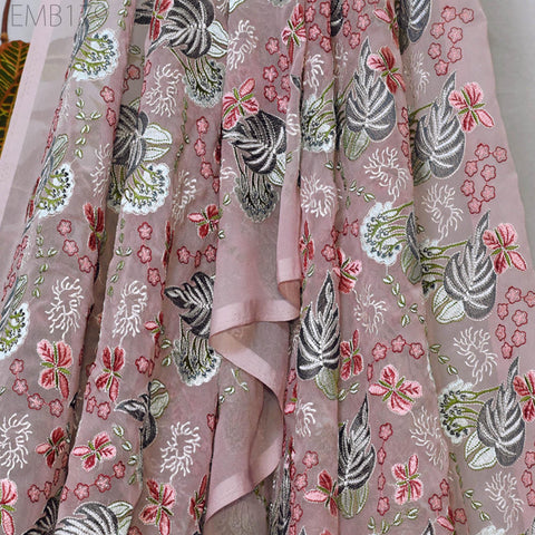 Dusty Pink Indian Embroidered Fabric by Yard Georgette Embroidery Sewing Curtain DIY Crafting Summer Women Dress Material Drapery Home Decor