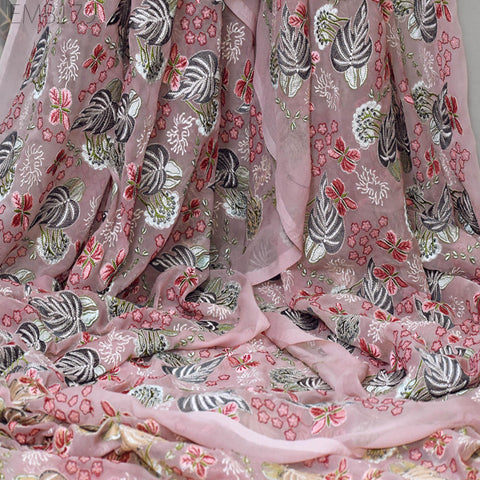 Dusty Pink Indian Embroidered Fabric by Yard Georgette Embroidery Sewing Curtain DIY Crafting Summer Women Dress Material Drapery Home Decor