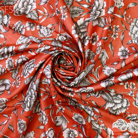 Brick Red Pure Habotai Printed Silk by the Yard Indian Saree Soft Flowy Fabric Wedding Dress Bridesmaid Costumes Crafting Sewing Scarves