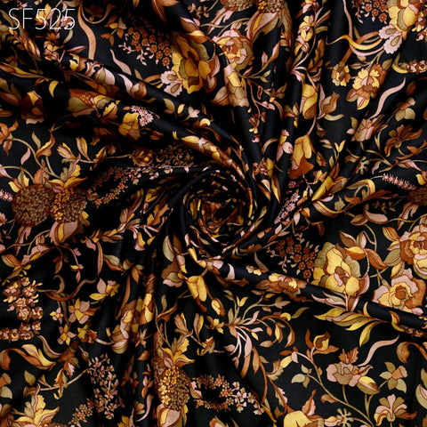 Black Pure Habotai Printed Silk by the Yard Indian Saree Soft Flowy Fabric Wedding Dress Bridesmaid Costumes Crafting Sewing Scarves