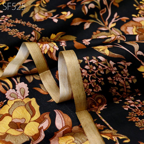 Black Pure Habotai Printed Silk by the Yard Indian Saree Soft Flowy Fabric Wedding Dress Bridesmaid Costumes Crafting Sewing Scarves