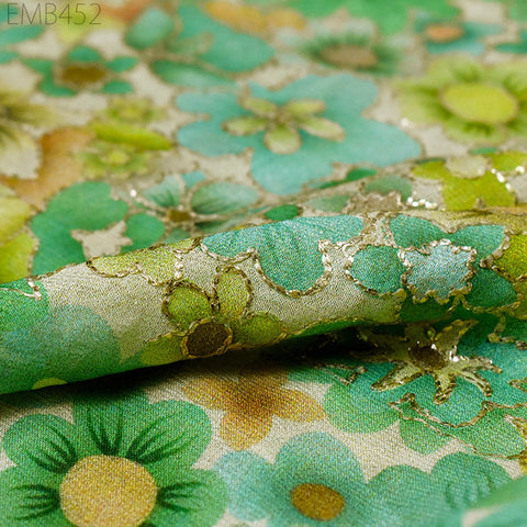 Indian Embroidered Fabric by the Yard Green Georgette Embroidery Sewing Curtain DIY Crafting Summer Women Dress Material Drapery Home Decor