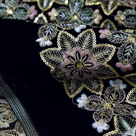 Black Indian Embroidered Velvet Fabric by the yard Sewing DIY Crafting Wedding Dress Costumes Doll Bags Cushion Covers Table Runner Quilting