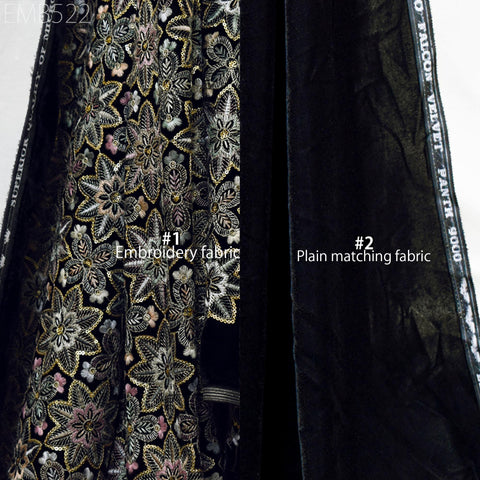 Black Indian Embroidered Velvet Fabric by the yard Sewing DIY Crafting Wedding Dress Costumes Doll Bags Cushion Covers Table Runner Quilting