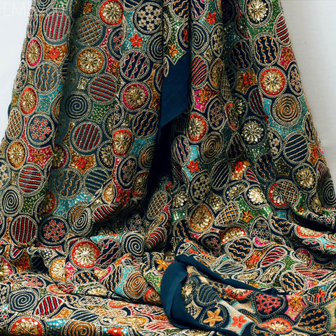 Indian Embroidered Fabric by the Yard Georgette Blue Embroidery Sewing Curtain DIY Crafting Summer Women Dress Material Drapery Home Decor