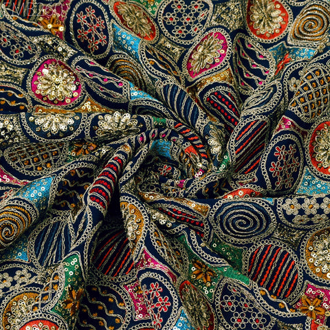 Indian Embroidered Fabric by the Yard Georgette Blue Embroidery Sewing Curtain DIY Crafting Summer Women Dress Material Drapery Home Decor