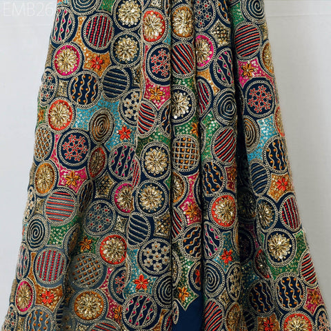 Indian Embroidered Fabric by the Yard Georgette Blue Embroidery Sewing Curtain DIY Crafting Summer Women Dress Material Drapery Home Decor