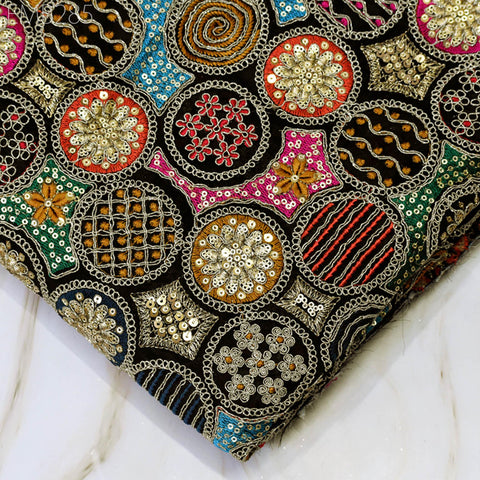 Indian Embroidered Fabric by the Yard Georgette Black Embroidery Sewing Curtain DIY Crafting Summer Women Dress Material Drapery Home Decor