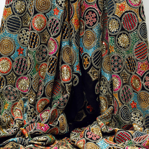 Indian Embroidered Fabric by the Yard Georgette Black Embroidery Sewing Curtain DIY Crafting Summer Women Dress Material Drapery Home Decor