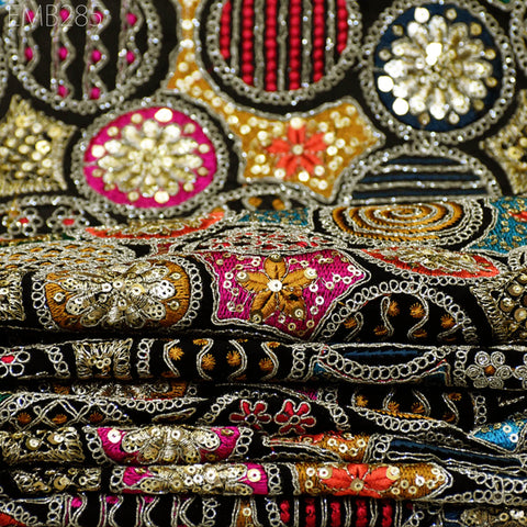 Indian Embroidered Fabric by the Yard Georgette Black Embroidery Sewing Curtain DIY Crafting Summer Women Dress Material Drapery Home Decor