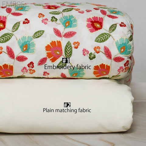 White Embroidered Fabric Indian Embroidery Cotton Fabric by the Yard Sewing Fabric DIY Crafting Wedding Dress Costumes Doll Bag Home Decor
