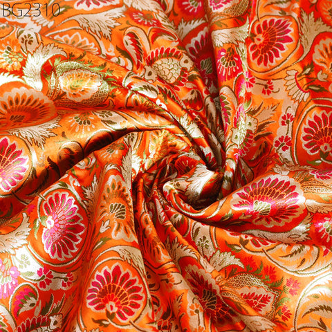 Orange Brocade Fabric by the Yard Banarasi Indian Bridal Wedding Dresses Varanasi Blended Silk DIY Crafting Sewing Costumes Lehenga Drapery