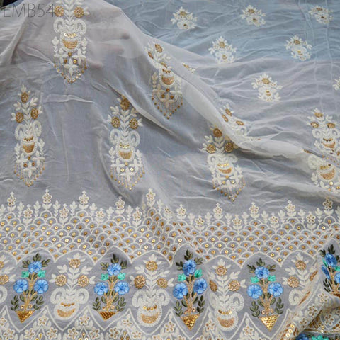 54'' Ivory Dyeable Chikankari Georgette Sequined Embroidered Fabric by the Yard Wedding Dress Indian Sequin Saree Crafting Sewing Costumes