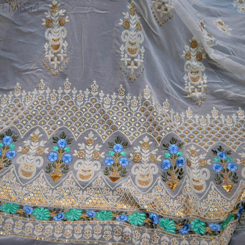 54'' Ivory Dyeable Chikankari Georgette Sequined Embroidered Fabric by the Yard Wedding Dress Indian Sequin Saree Crafting Sewing Costumes