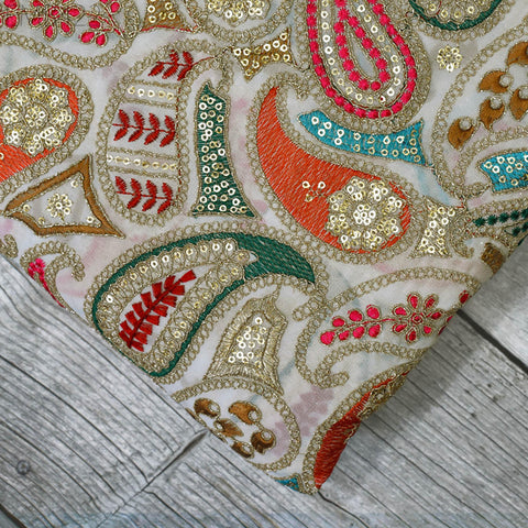 Indian Embroidered Fabric by the Yard Georgette Ivory Embroidery Sewing Curtain DIY Crafting Summer Women Dress Material Drapery Home Decor