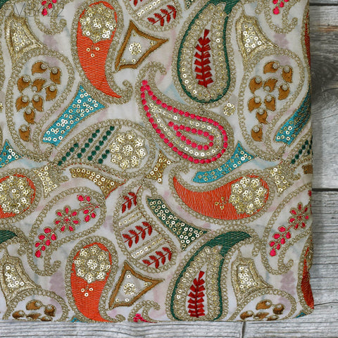 Indian Embroidered Fabric by the Yard Georgette Ivory Embroidery Sewing Curtain DIY Crafting Summer Women Dress Material Drapery Home Decor