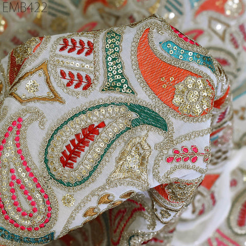 Indian Embroidered Fabric by the Yard Georgette Ivory Embroidery Sewing Curtain DIY Crafting Summer Women Dress Material Drapery Home Decor
