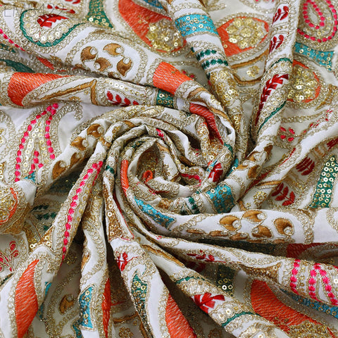 Indian Embroidered Fabric by the Yard Georgette Ivory Embroidery Sewing Curtain DIY Crafting Summer Women Dress Material Drapery Home Decor