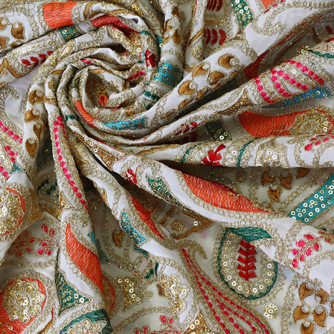 Indian Embroidered Fabric by the Yard Georgette Ivory Embroidery Sewing Curtain DIY Crafting Summer Women Dress Material Drapery Home Decor