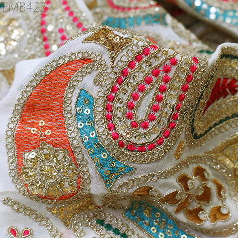 Indian Embroidered Fabric by the Yard Georgette Ivory Embroidery Sewing Curtain DIY Crafting Summer Women Dress Material Drapery Home Decor