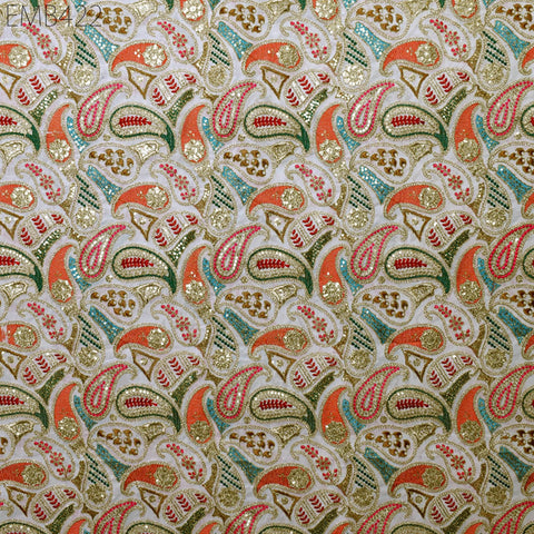 Indian Embroidered Fabric by the Yard Georgette Ivory Embroidery Sewing Curtain DIY Crafting Summer Women Dress Material Drapery Home Decor