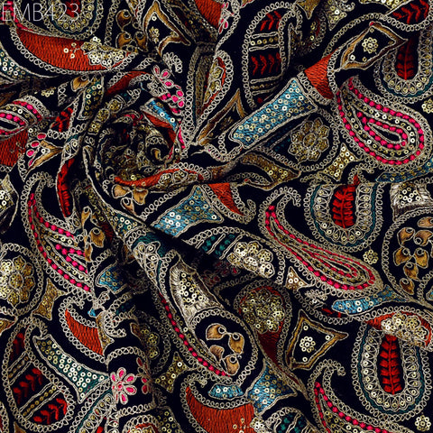 Indian Embroidered Fabric by the Yard Georgette Blue Embroidery Sewing Curtain DIY Crafting Summer Women Dress Material Drapery Home Decor