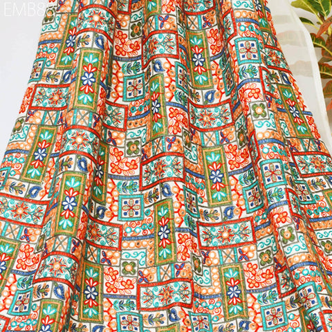 Indian Embroidered Fabric by the Yard Georgette Ivory Embroidery Sewing Curtain DIY Crafting Summer Women Dress Material Drapery Home Decor