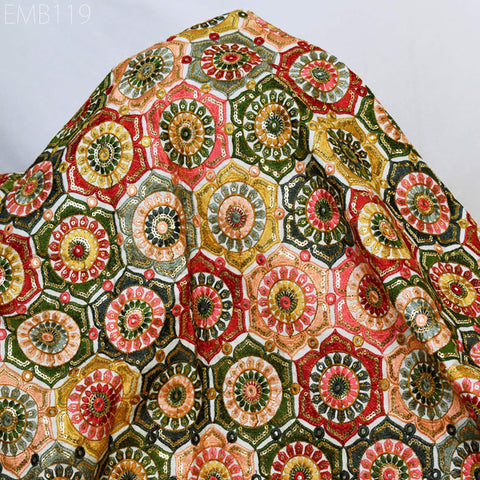 Indian Embroidery Cotton Fabric by the Yard Embroidered Wedding Dress Party Costumes Dolls Bags Cushions Table Runner Sewing DIY Crafting