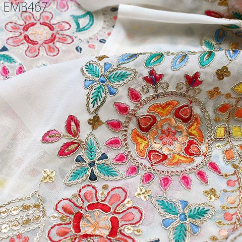 Ivory Embroidered Georgette Fabric by Yard Indian Embroidery Sewing Curtain DIY Crafting Summer Women Dress Material Drapery Home Decor