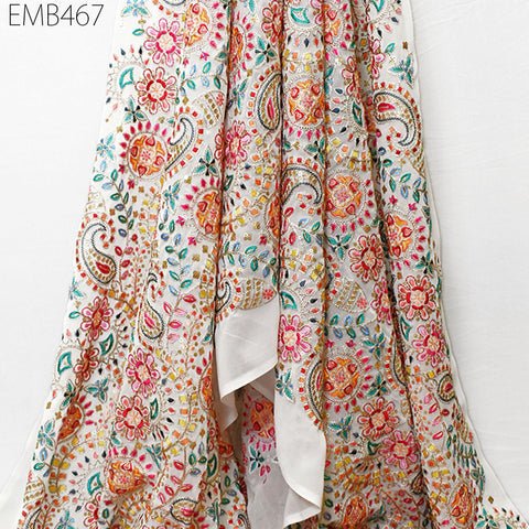 Ivory Embroidered Georgette Fabric by Yard Indian Embroidery Sewing Curtain DIY Crafting Summer Women Dress Material Drapery Home Decor