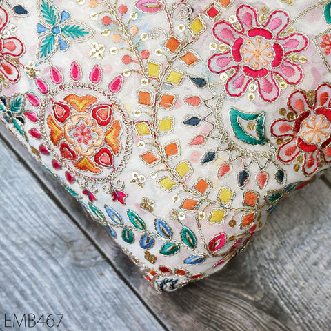 Ivory Embroidered Georgette Fabric by Yard Indian Embroidery Sewing Curtain DIY Crafting Summer Women Dress Material Drapery Home Decor