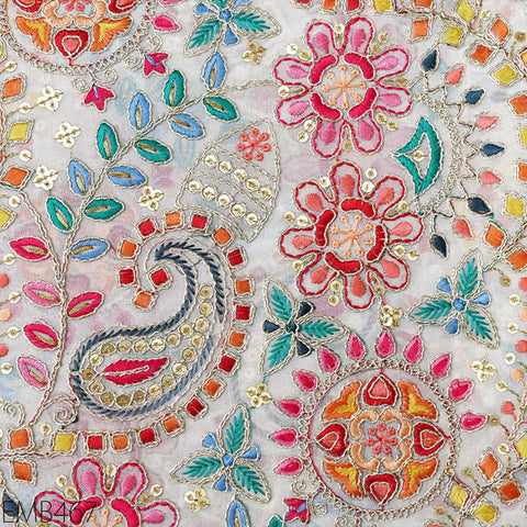 Ivory Embroidered Georgette Fabric by Yard Indian Embroidery Sewing Curtain DIY Crafting Summer Women Dress Material Drapery Home Decor