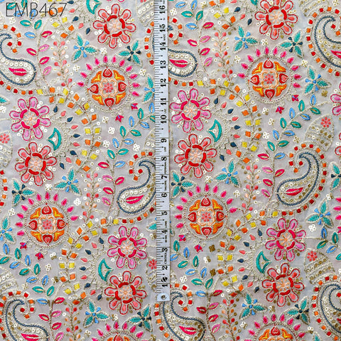 Ivory Embroidered Georgette Fabric by Yard Indian Embroidery Sewing Curtain DIY Crafting Summer Women Dress Material Drapery Home Decor